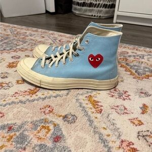 Comme des Garcons Light Blue High-Top Sneakers with Red Heart